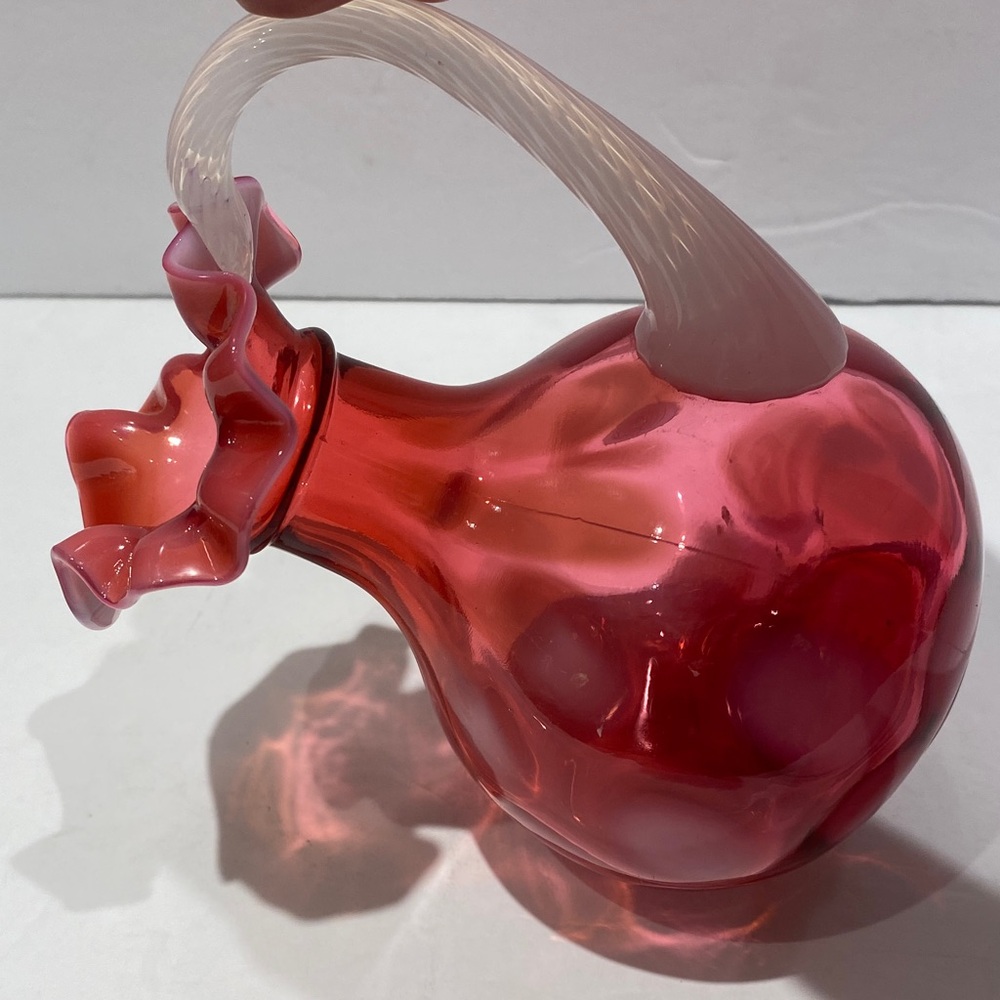 Fenton Cranberry Opalescent Optic Thumbprint Pitcher/Cruet With Applied Handle - Picture 9 of 9